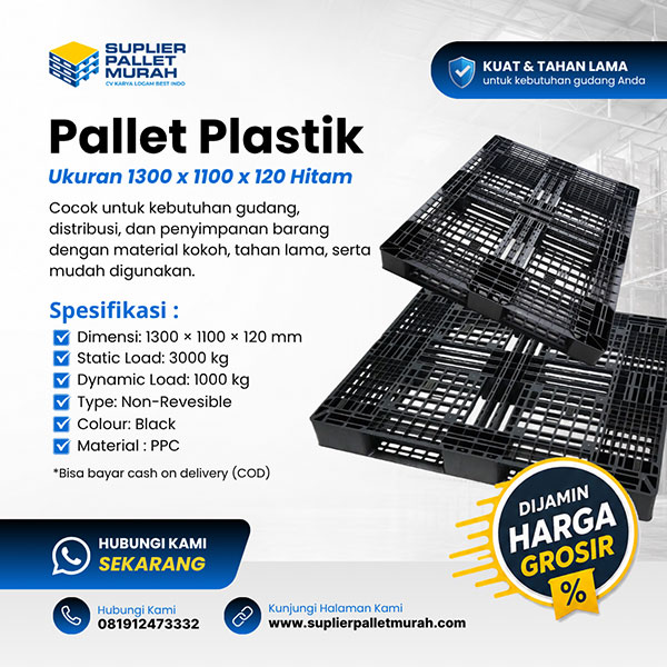 palet plastik ukuran 1300x1100x120 hitam by suplerpalletmurah